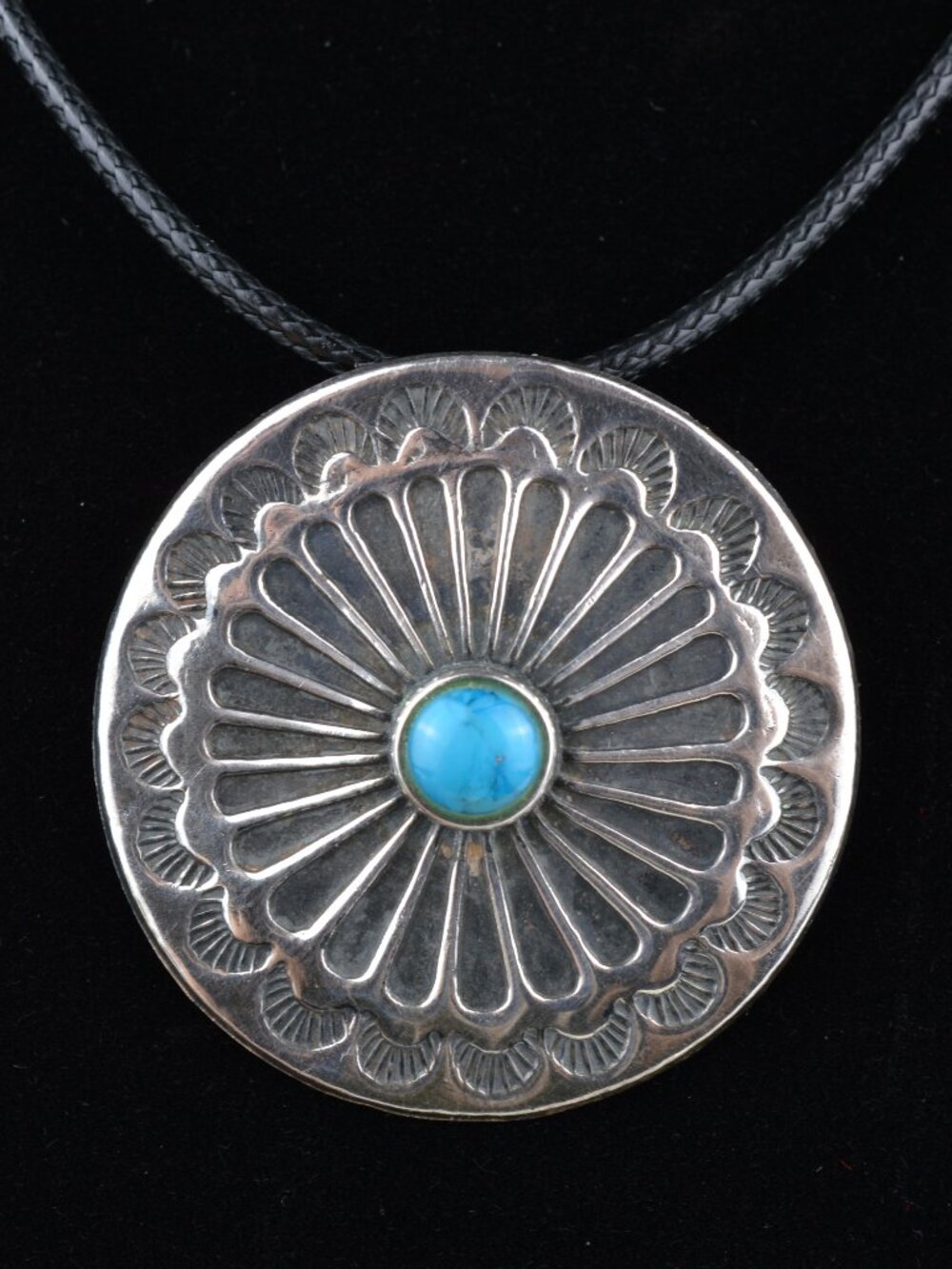 Vtg Sterling Silver Turquoise Concho Pendant Necklace 1.25" Southwest Thailand